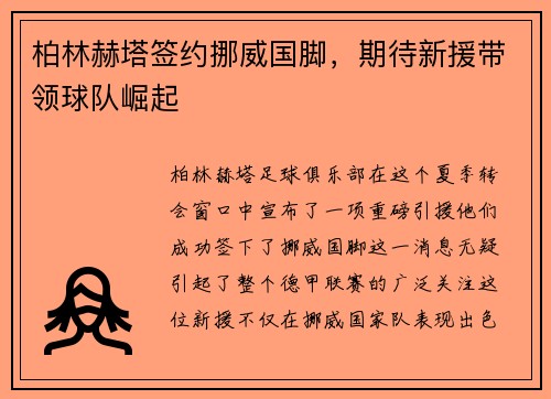 柏林赫塔签约挪威国脚，期待新援带领球队崛起