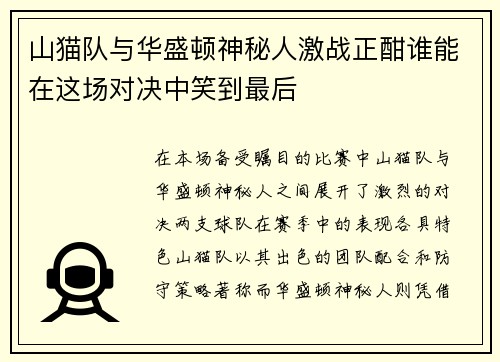 山猫队与华盛顿神秘人激战正酣谁能在这场对决中笑到最后